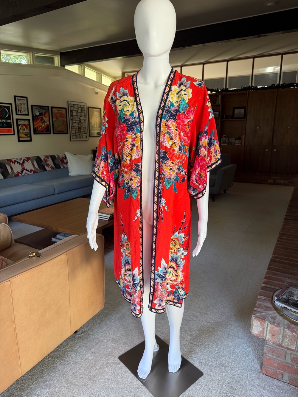Red Floral Open Front Kimono